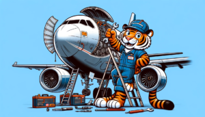 DALL·E 2023-11-08 15.32.35 - A cartoon-style image of a tiger wearing a mechanic's outfit with a name tag and a wrench in its paw. The tiger is standing on a ladder next to a larg