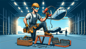 DALL·E 2023-11-08 15.37.58 - A cartoon-style image of an aircraft structures mechanic working on the wing of an airplane. The mechanic is depicted with a hard hat, safety goggles,